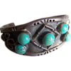 older vtg. native american (poss. 1950s or earlier Pueblo or Zuni) sterling and turquoise cuff bracelet with applique and domed turquoise